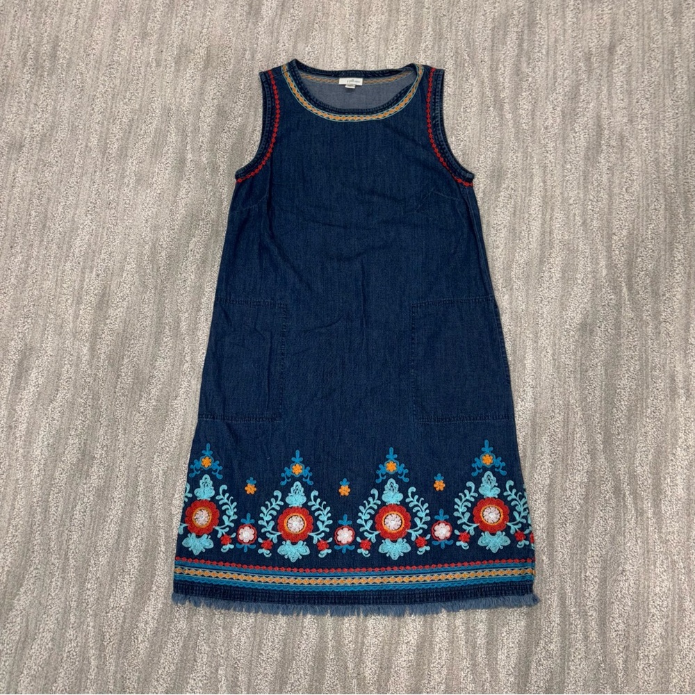 J. Jill Women’s Denim Embroidered Midi Boho Dress Pocket Fringe Size XS
